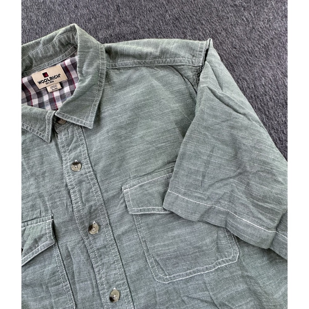 Woolrich Shirt Mens XLarge Green Heathered Button Up Short Sleeve Pockets Cotton